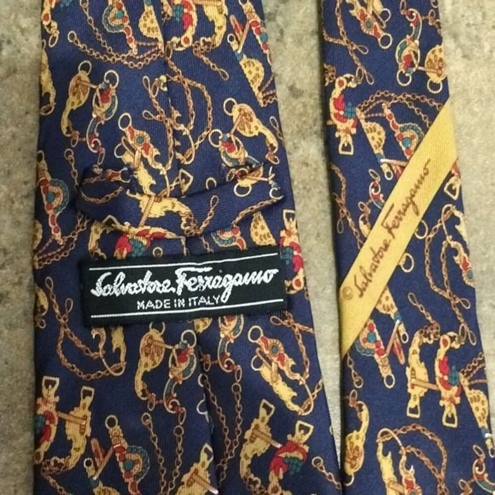 Salvatore Ferragamo Blue Gold Horse Bit Silk Tie Made in Italy Designer Preppy - Picture 4 of 10
